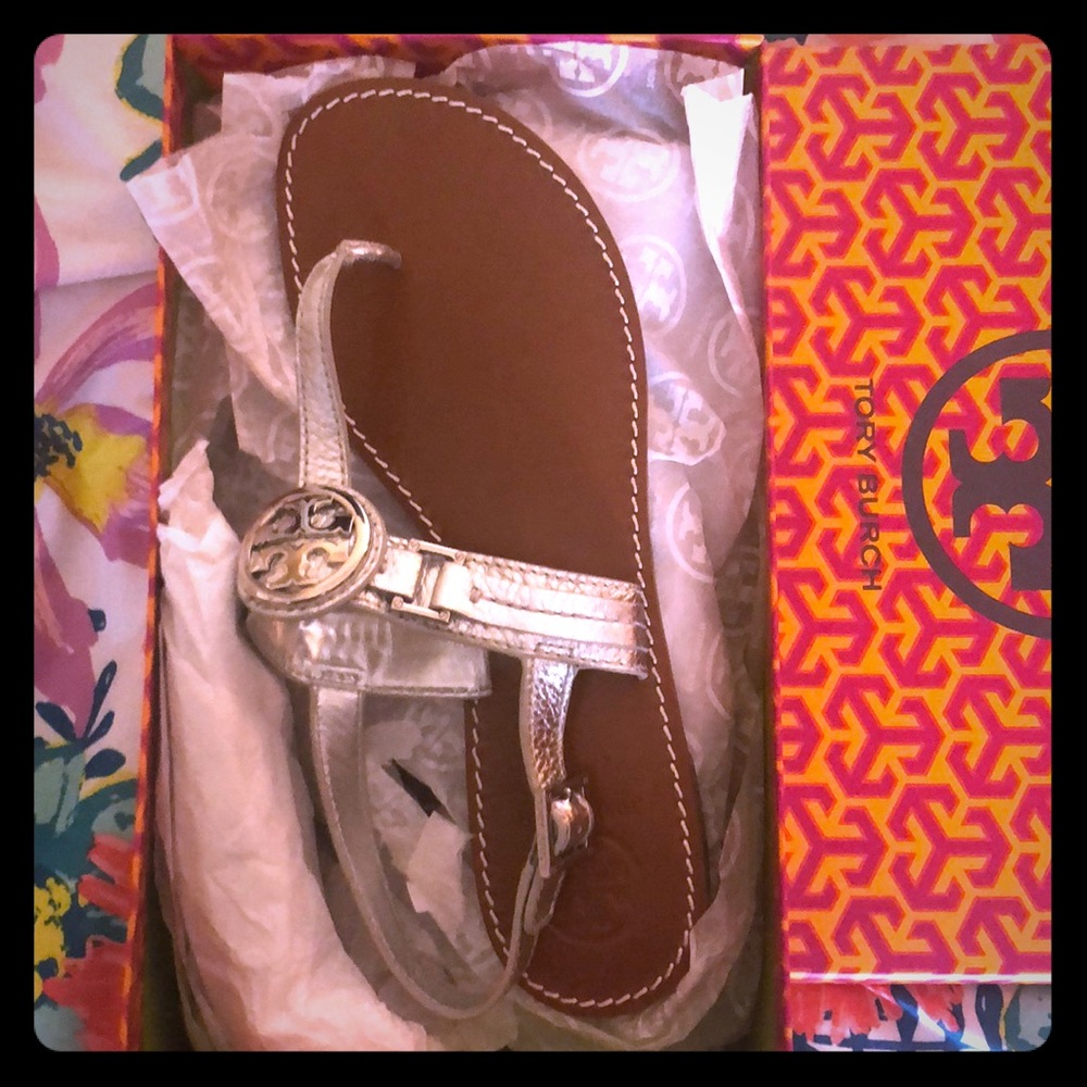 Brand New, never worn silver Tory Burch Sandals
